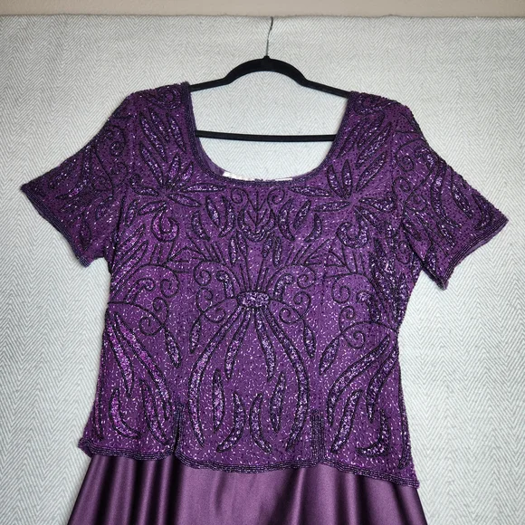 Vintage Stenay Plum Purple Glass Beaded 100% Silk Maxi Dress Womens Size 14 - Picture 11 of 15